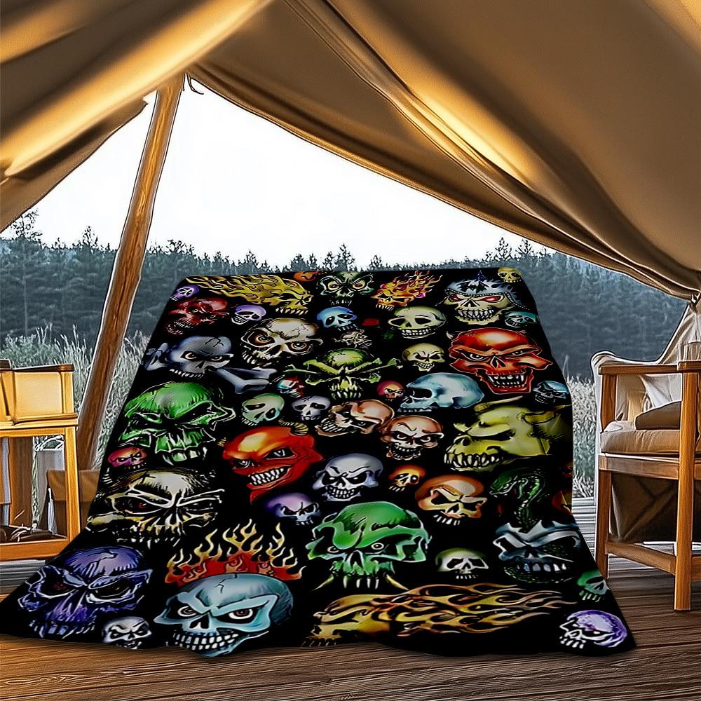 1pc Skull Print Outdoor Flannel Blanket Gift For Boys Girls Adults, Family Friends