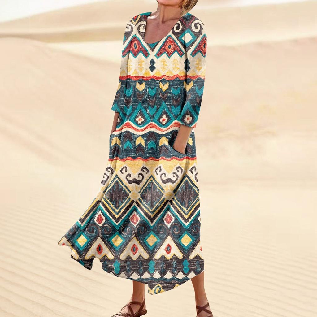 Платье для женщин, весеннее повседневное модное платье в стиле бохо с рукавами 3/4 для праздника, большого размера