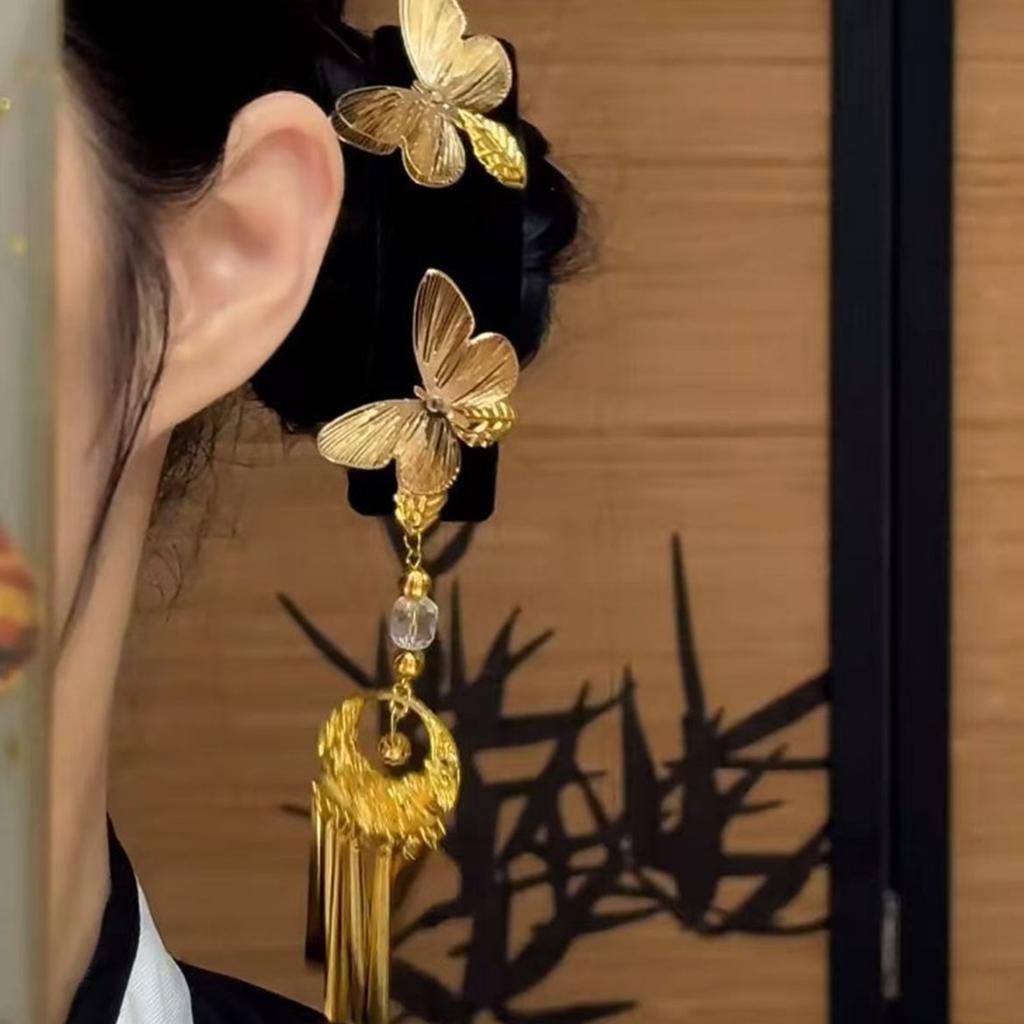 Double Butterfly Hair Clip with Tassel Alloy Gold Plated Clasp for Women New Chinese Style Accessory