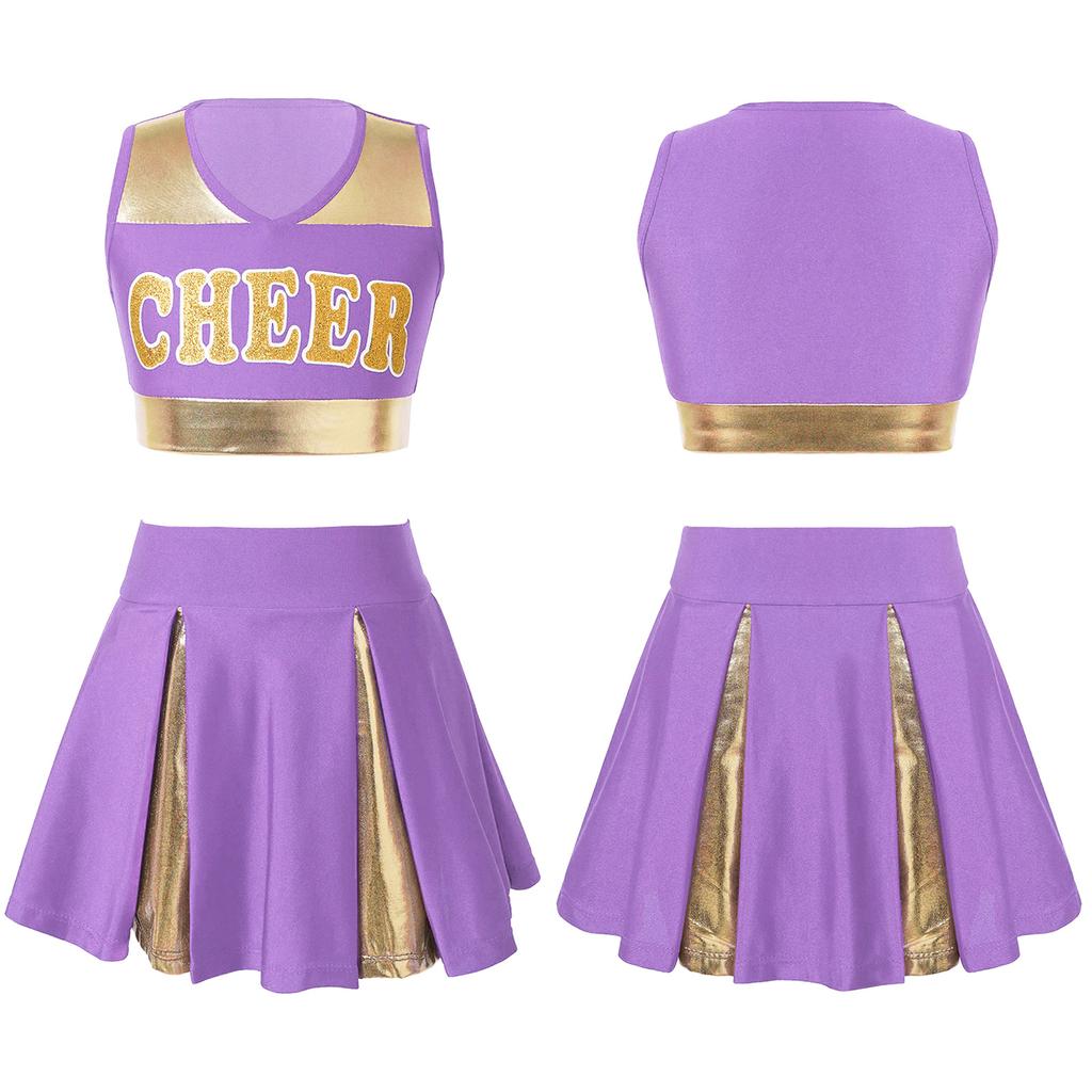 Girls Cheerleading Uniform Letter Print Tank Top with Pleated Skirt Set Cheer Leader Halloween Fancy Dress Costume