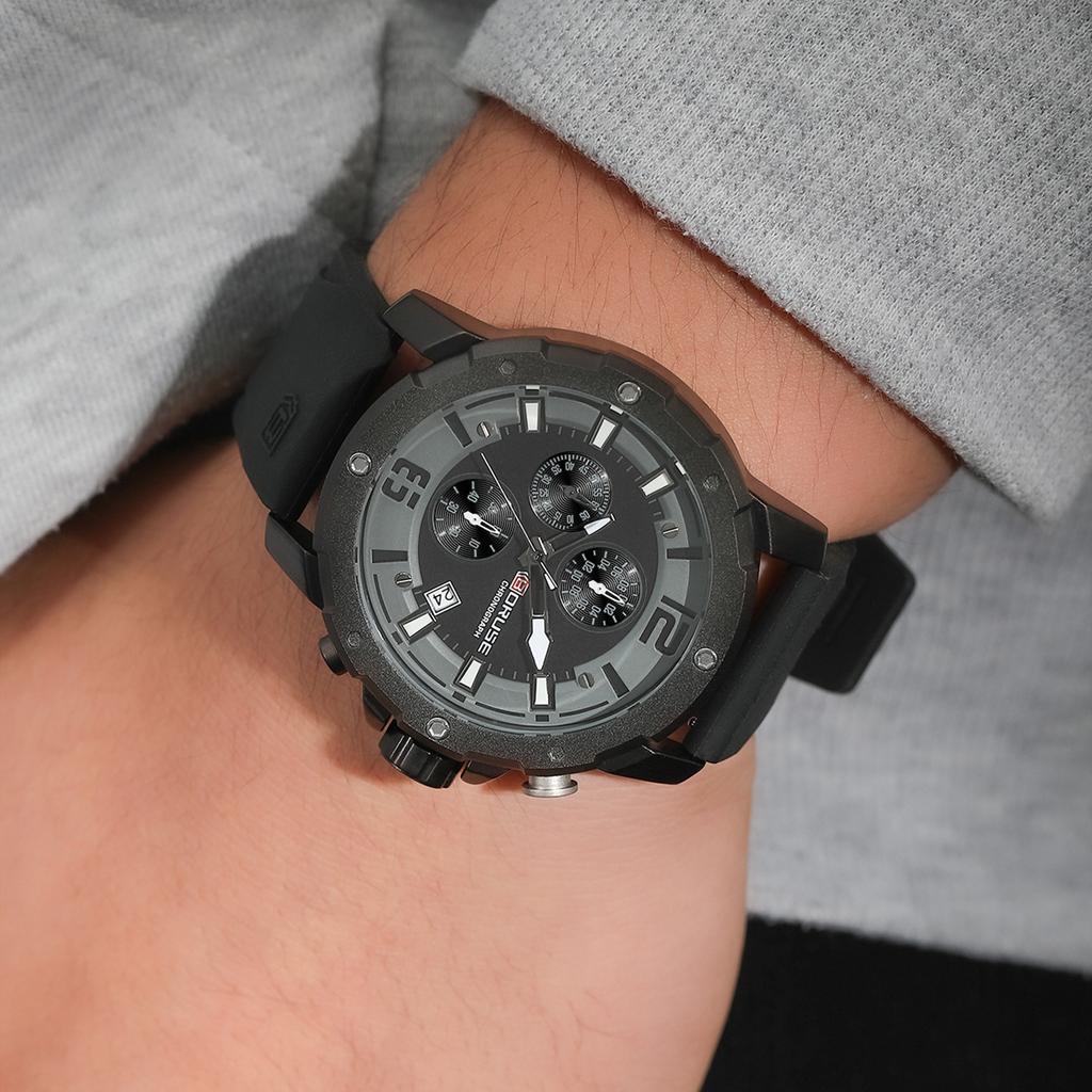 BORUSE Мужские часы Мужские часы с большим циферблатом Силиконовый ремешок Мужские кварцевые часы Классические деловые часы Многофункциональные часы-хронограф