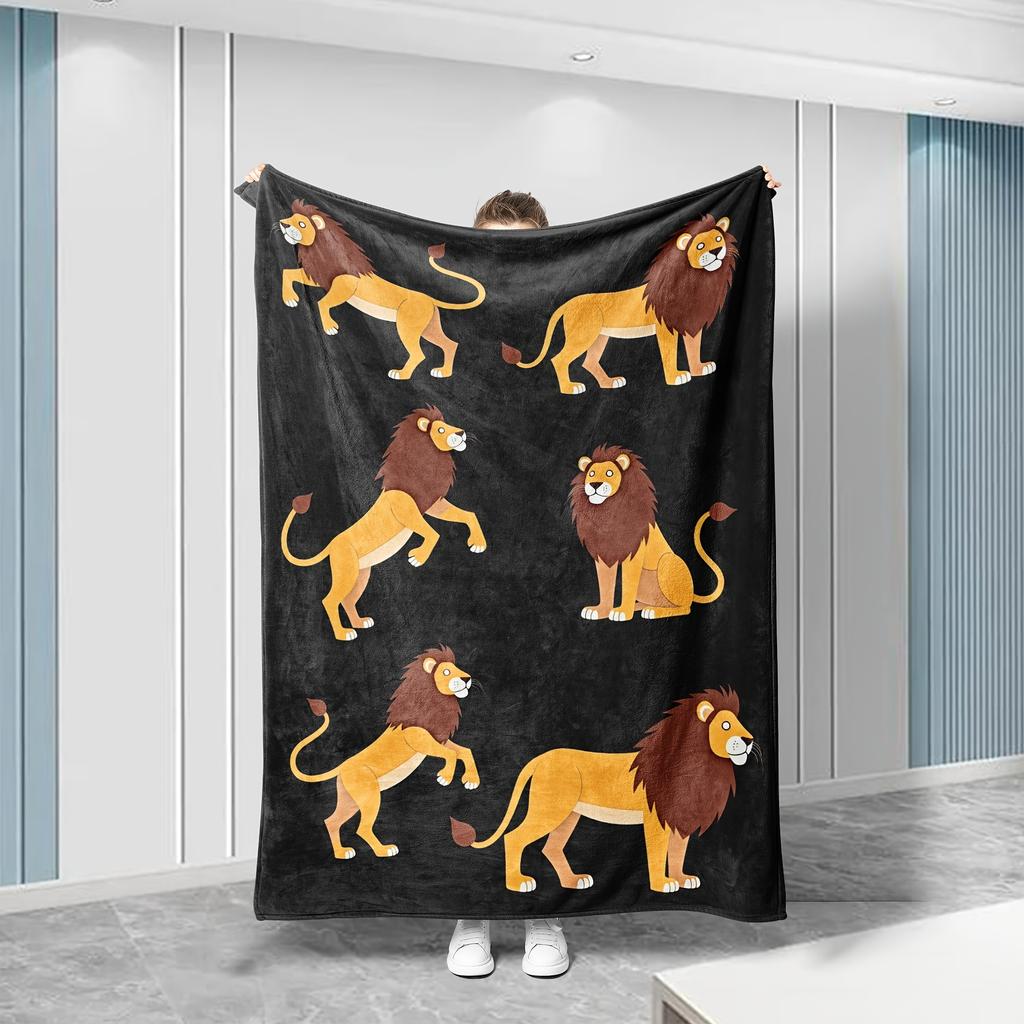 A Comfortable Cartoon Lion Theme Patterned Flannel Blanket, Soft High-Definition Digital Print, Suitable for All Seasons, Made