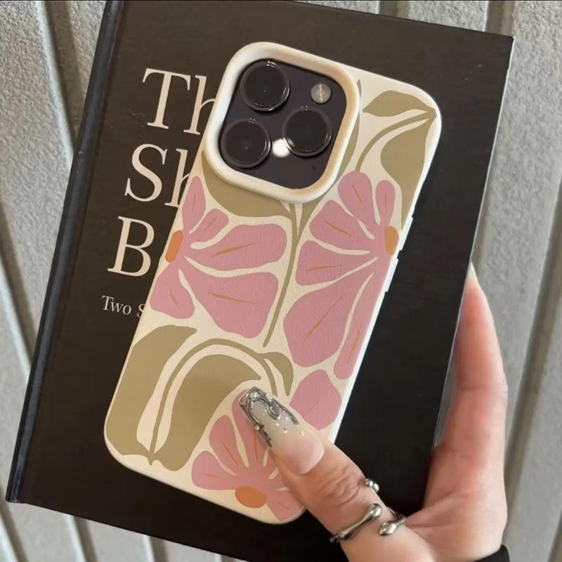 Cute Pink Flowers Pattern Lychee Texture Phone Case For iPhone 17 Air 16 e 15 14 13 12 11 Pro Max Plus SE 2020 2022 Soft Cover