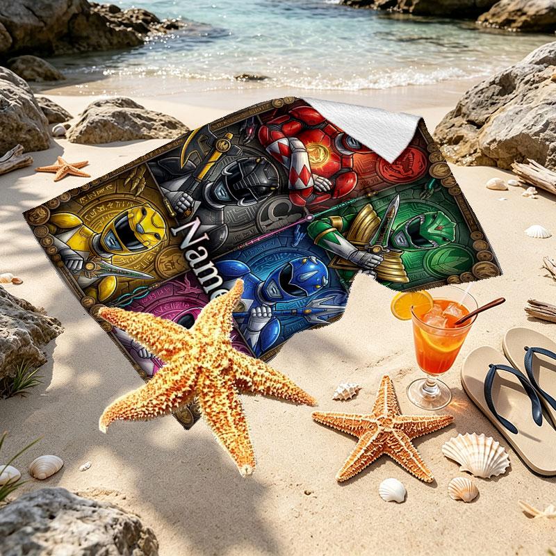 Custom Name Personalized Power Rangers Print Beach Towel, for Trip Camping Beach Party Home Decor, Birthday Gift for Family & Friends