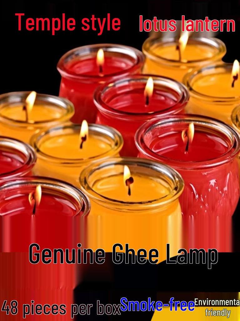 Smokeless Lotus Glass Oil Lamp - 24-Hour Ghee Candle for Buddha Offerings