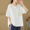 DIMANAF 2025 Летняя однотонная футболка больших размеров с кружевными карманами для женщин с коротким рукавом и длинными пуговицами, свободные топы, футболки