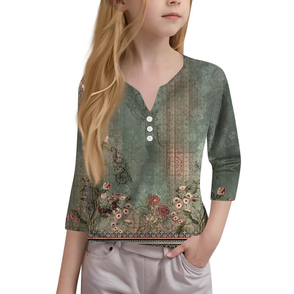 Повседневные модные топы для девочек с принтом, футболка с семью рукавами и пуговицами