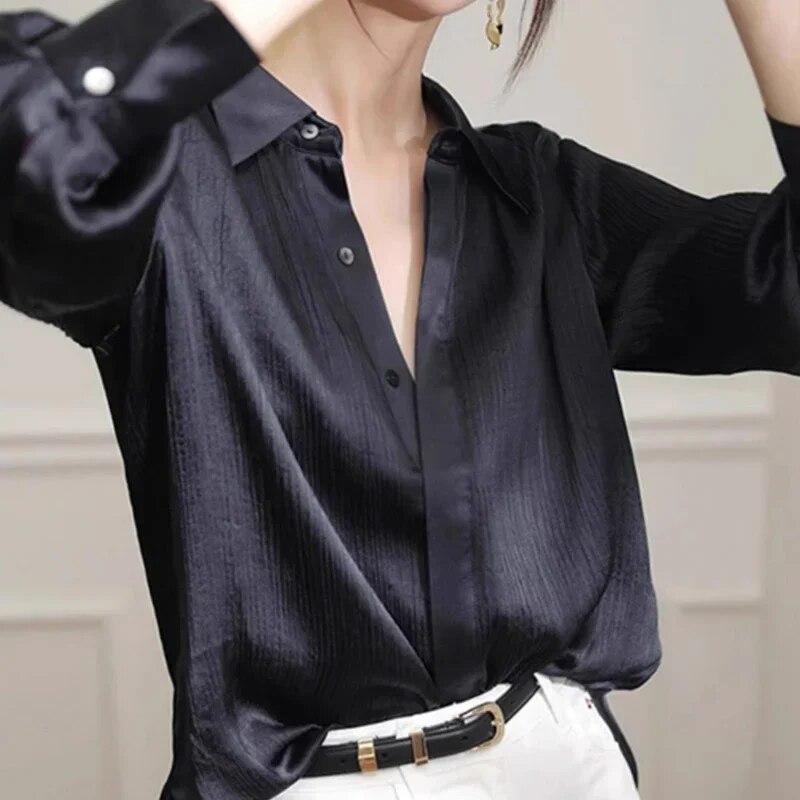 Винтажная элегантная офисная блузка с длинными рукавами, модная женская свободная простая рубашка, женские весенне-осенние повседневные женские топы 30244