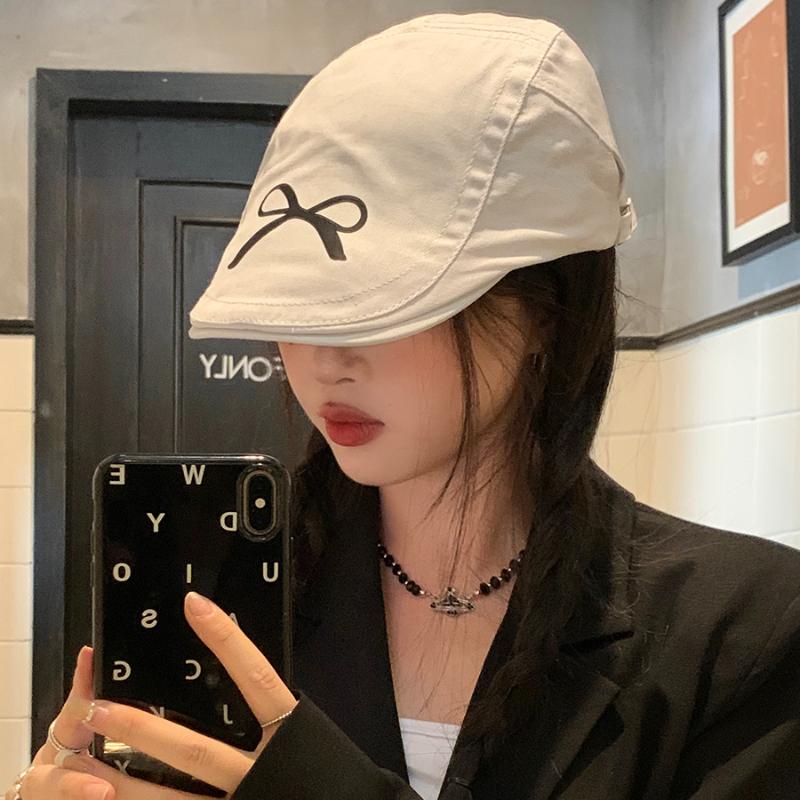 American Retro Bow Printing Forward Hats for Women 2024 New Spring and Summer Thin Sunshade Versatile Literary Berets Cap Y2k