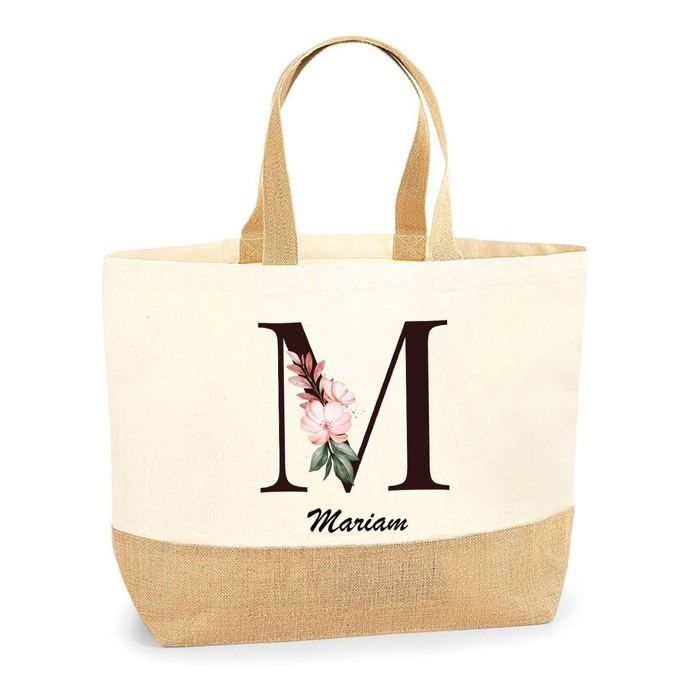 Tote bag - PLANETEE - Mariam Lettre Fleur - Jute naturel - Poignées solides - Imprimé France