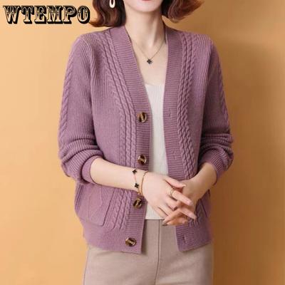 Женский свитер-жакет топ свободный осенне-зимний с V-образным вырезом однобортный вязаный кардиган