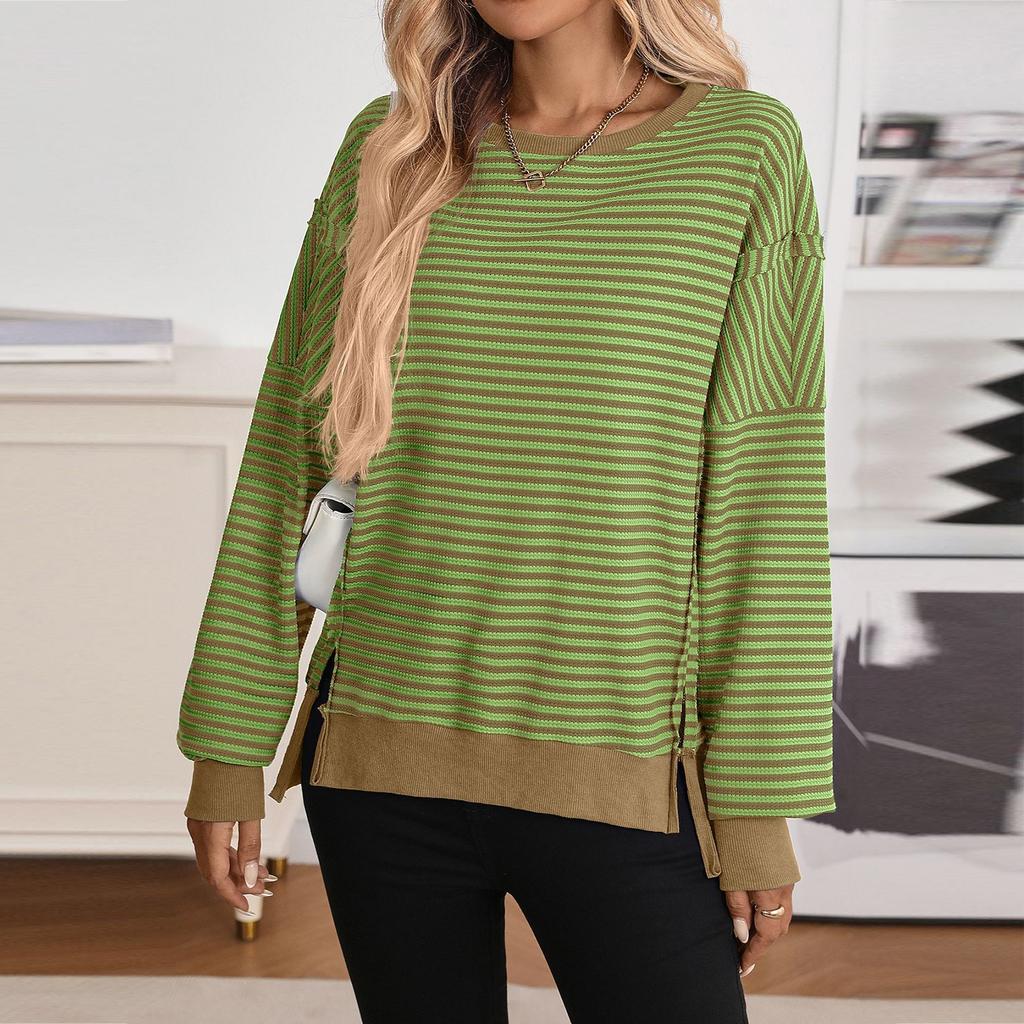 Женский лонгслив с круглым вырезом, в полоску, универсальный, повседневный, свободный