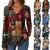 Women's Casual Fashion Brushed Retro Floral Print Long Sleeve V-Neck Top T-Shirt
