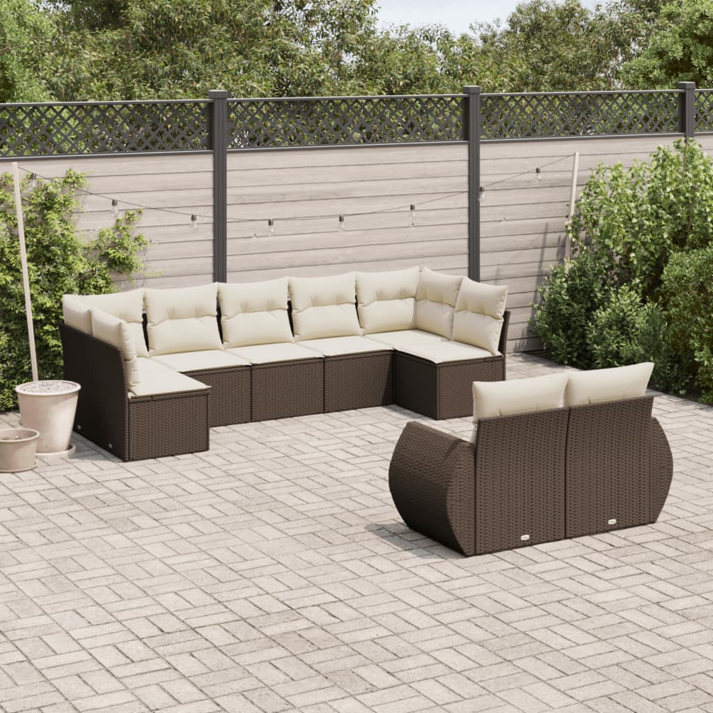 9 piece Garden Sofa Set with Cushions Brown Poly Rattan