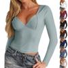 Женский однотонный повседневный облегающий топ с V-образным вырезом и длинными рукавами