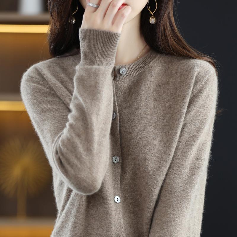 Knitted Cardigan Round Neck Sweater Women's Long Sleeved Solid Color Button Down Sweaters Jacket