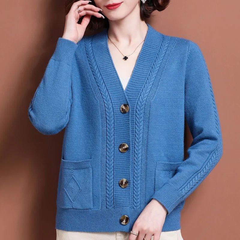 Fashion V-Neck Knitted Button Pockets Cardigan Sweater Women's Clothing Autumn Oversized Casual Tops All-match Coat