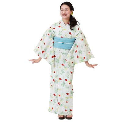 Кимоно юката женское, одно изделие, бренд Haibara василек, сделано в Японии HAIBARA [Kyoto Yuzen] (Белый Зеленый)