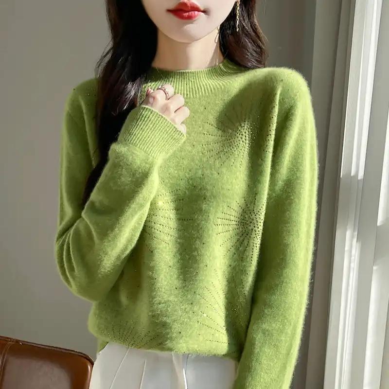 Женский свитер Осень Зима Утепленный пуловер Теплый вязаный в полоску с круглым вырезом Базовый слой Эластичный с длинным рукавом Оверсайз Джемпер Топы