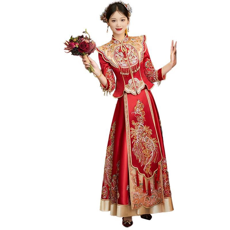 "Slim Fit Satin Xiuhe Dragon & Phoenix Chinese Wedding Dress"