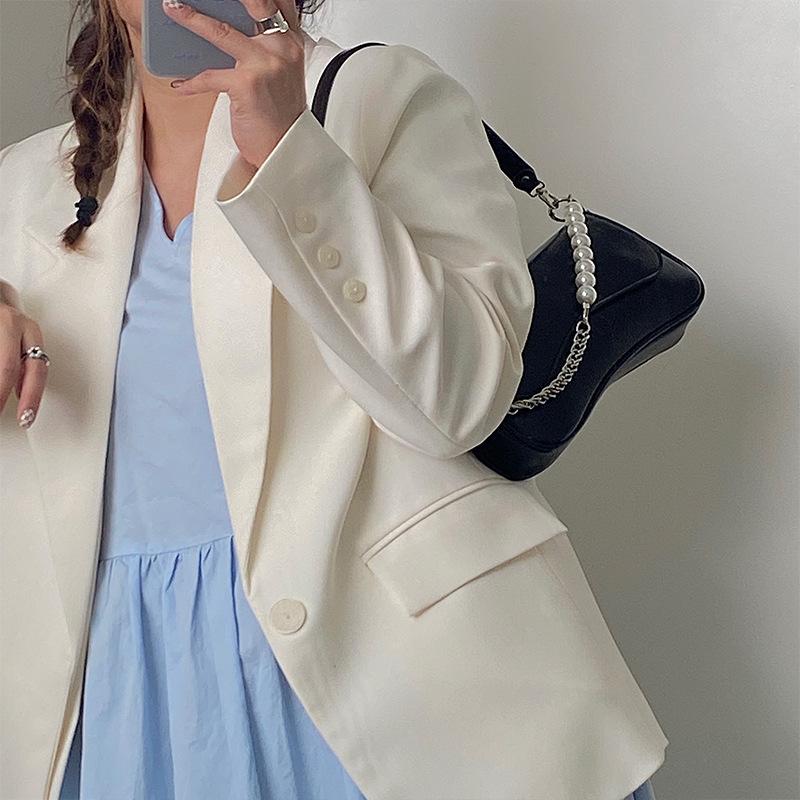 Design Underarm Bag For Women's Summer New PU Black Zipper Fashion Pearl Chain Versatile Single Shoulder Bag Handbag