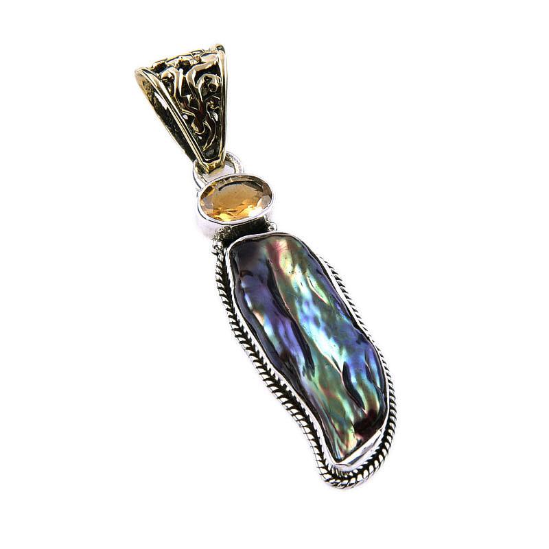 Natural Biwa Pearl, Citrine 925 Solid Sterling Silver Jewelry Pendant 2'' C8b88