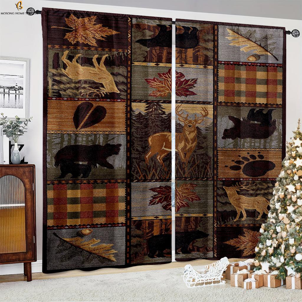 Декоративные занавески в стиле ретро-кантри на Рождество с узором из дерева для спальни, столовой, праздничной вечеринки, 2 шт.