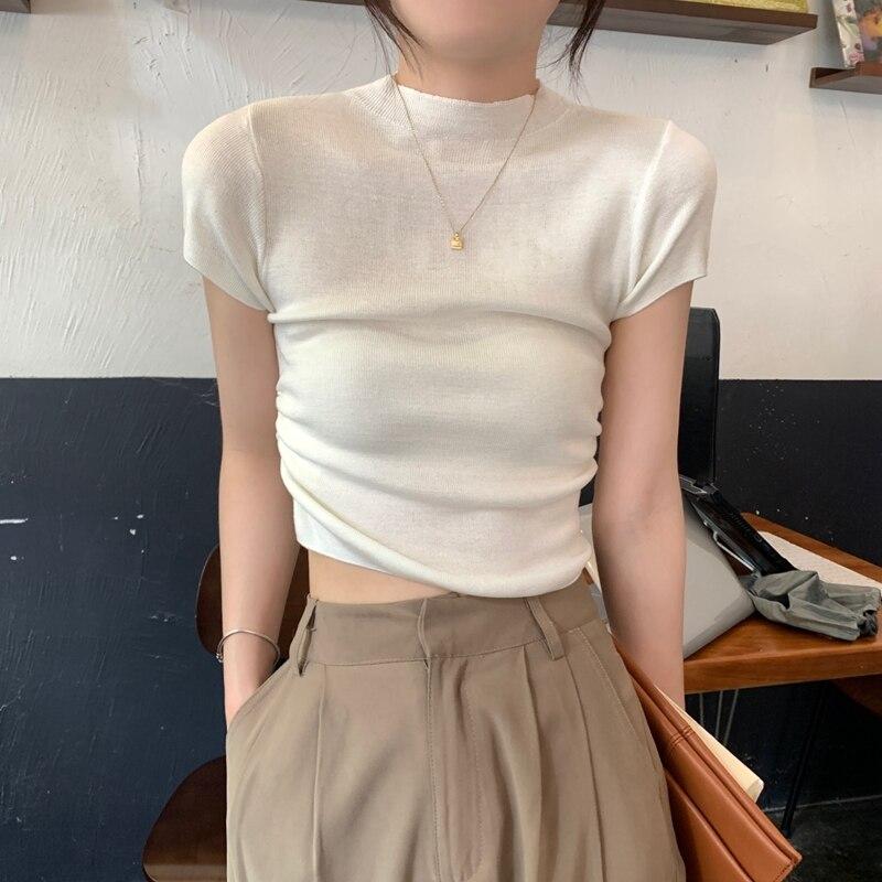 Летние плиссированные трикотажные женские блузки с коротким рукавом, тонкая повседневная рубашка, женские модные однотонные укороченные топы, женская одежда 25243