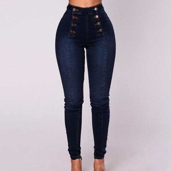 Waist Shaping Decoration High Buttons Women Jeans Pockets Push Up Fashion Skinny Doublebreasted Pencil Jeans Streetwear
