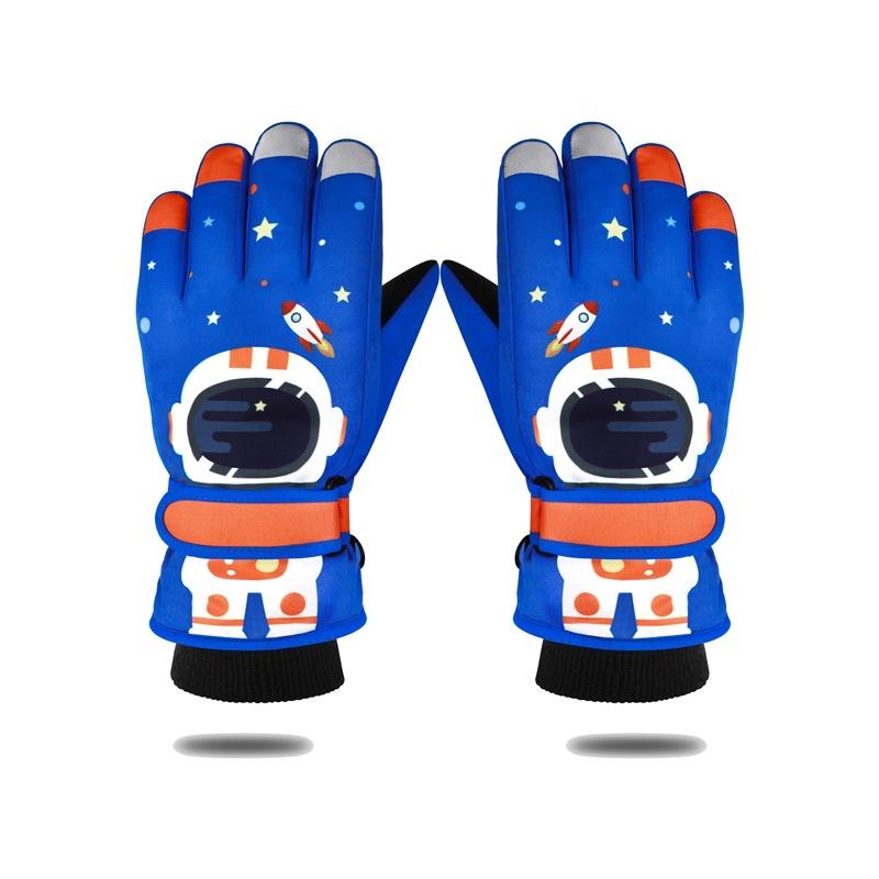 Детские зимние лыжные перчатки Астронавт Пятипалые Утепленные Ветрозащитные и Теплые Велосипедные перчатки для Учеников Начальной Школы Сенсорный Экран Мультяшные