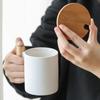 310ml Simple Style Ceramic Water Cup with Wooden Handle Coffee Mug with Lid Stainless Steel Spoon Tea Cup Modern Couple Cups