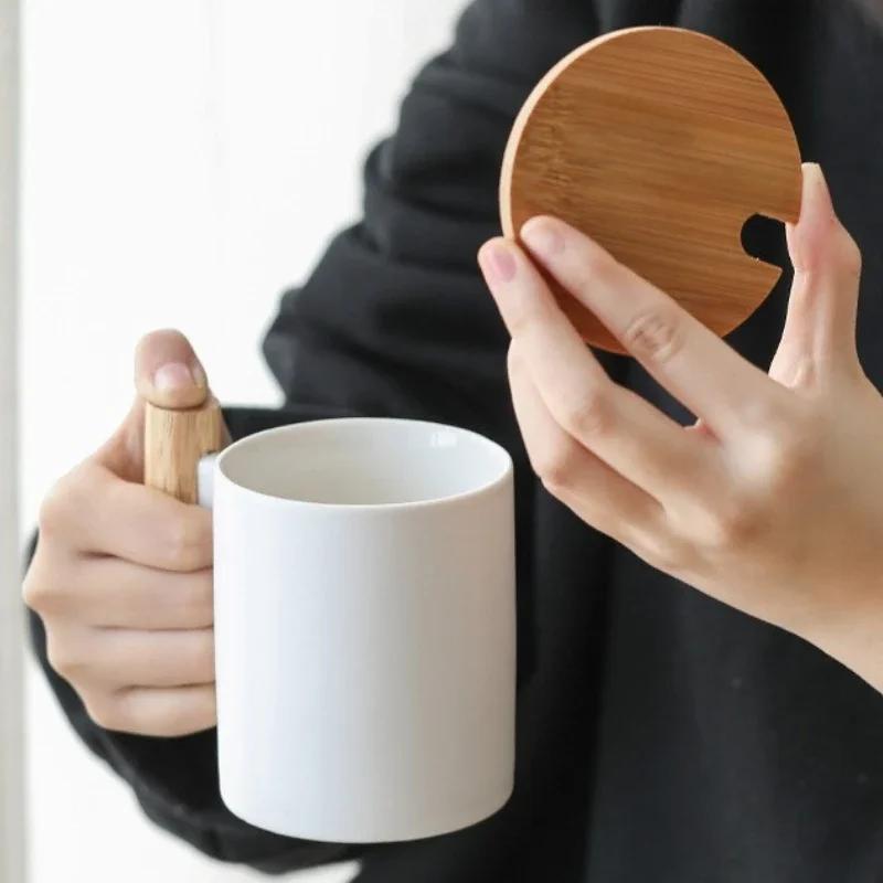 310ml Simple Style Ceramic Water Cup with Wooden Handle Coffee Mug with Lid Stainless Steel Spoon Tea Cup Modern Couple Cups