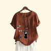 Ladies Pullover Loose Linen Blouse Women Casual Round Neck Cat Print Top Summer Fashion Short Sleeved T-shirt
