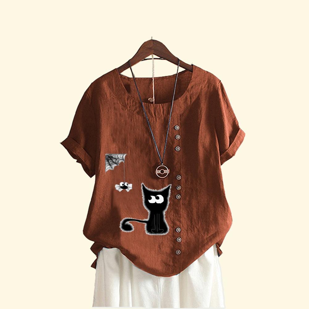 Ladies Pullover Loose Linen Blouse Women Casual Round Neck Cat Print Top Summer Fashion Short Sleeved T-shirt