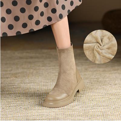 Тонкие замшевые короткие ботинки Женские новые ботинки Мартин Ретро стрейч рыцарские ботинки Толстая подошва Круглый носок Короткие ботинки Женские ботинки