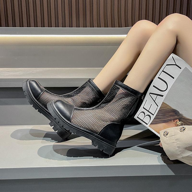 Летние ботинки на шнуровке в сетку, дышащие женские ботинки с высоким каблуком, красные полые ботинки, студенческие сапоги в сетку