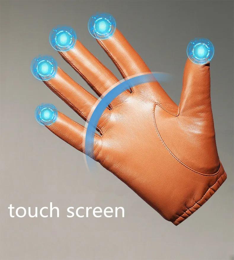 Бархатная подкладка мужские деловые перчатки из овчины кожаные зимние перчатки с полным пальцем для сенсорного экрана коричневые перчатки для езды на мотоцикле