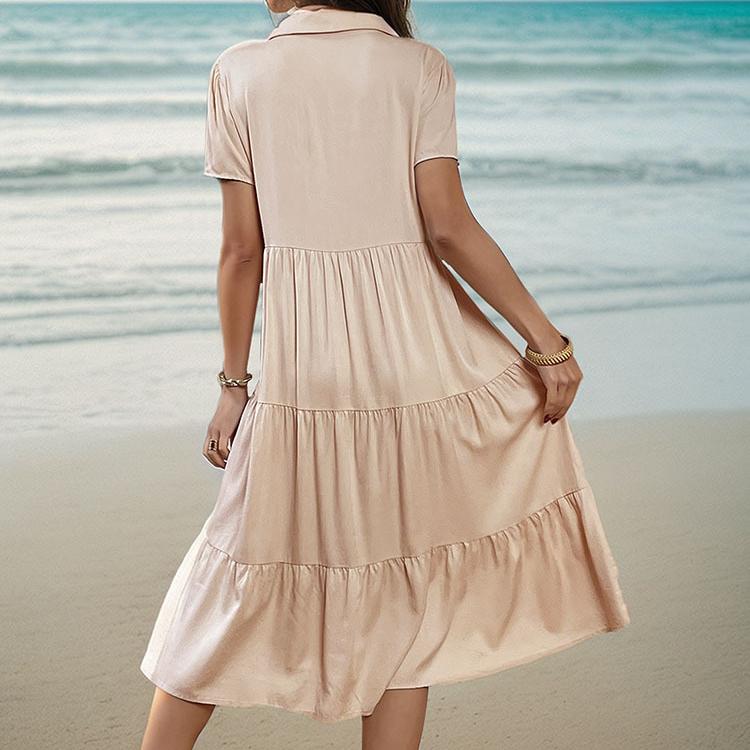 Женские модные летние весенние однотонные повседневные платья с короткими рукавами и воротником-поло с высокой талией и принтом