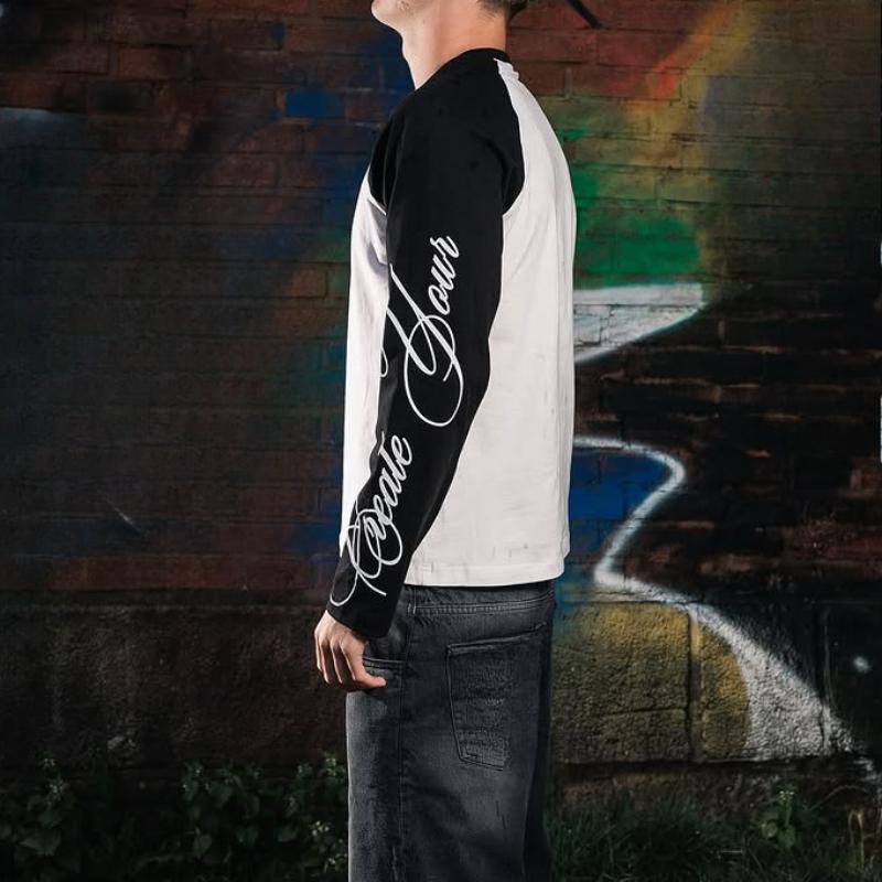 Европейский и американский мужской свободный повседневный топ с круглым вырезом, длинными рукавами и принтом букв, в стиле колор-блок