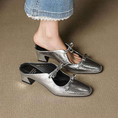 Новые тапочки на высоком каблуке с подошвой из говяжьей жилы, летние женские тапочки большого размера с закрытым носком, кожаные, повседневные, однотонные, крутые тапочки