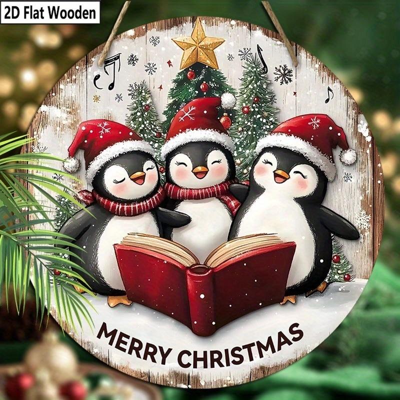 Christmas Decoration Sign,indoor Hanging decorations,2D Flat Wooden Products with The Pattern Is Three Penguins Wearing Christmas hats,Christmas Gift