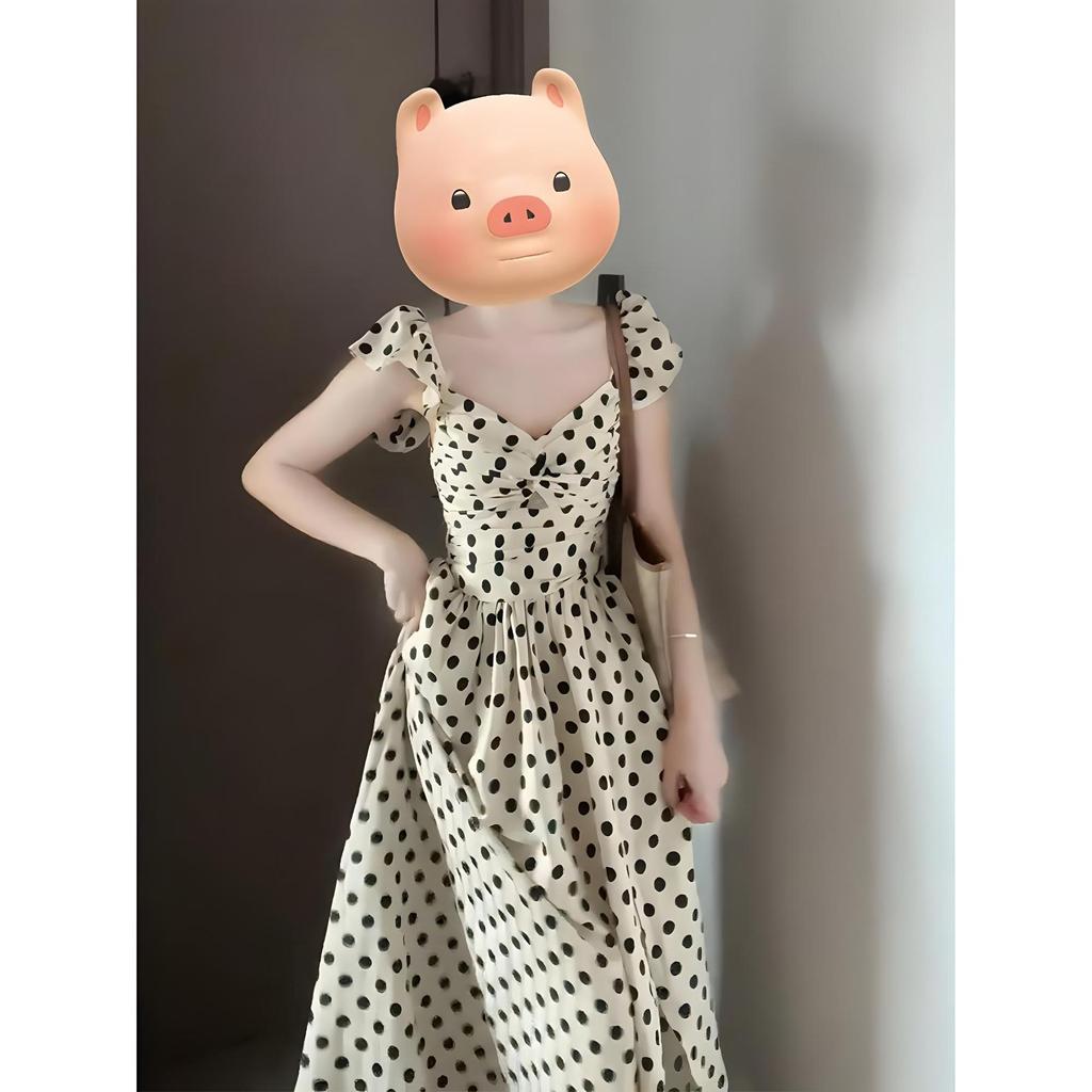 Ретро черно-белое платье в горошек с полым маленьким рукавом-фонариком, нежный темперамент, красивое уникальное платье А-силуэта длиной макси