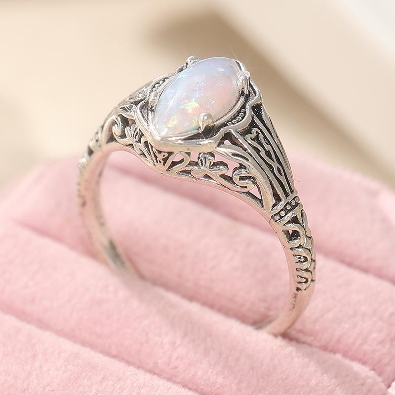 Vintage Inlaid Faux Opal Women's Ring Dazzling CopperColor Hand Carving Daily Wear Party Jewelry Anniversary Gift