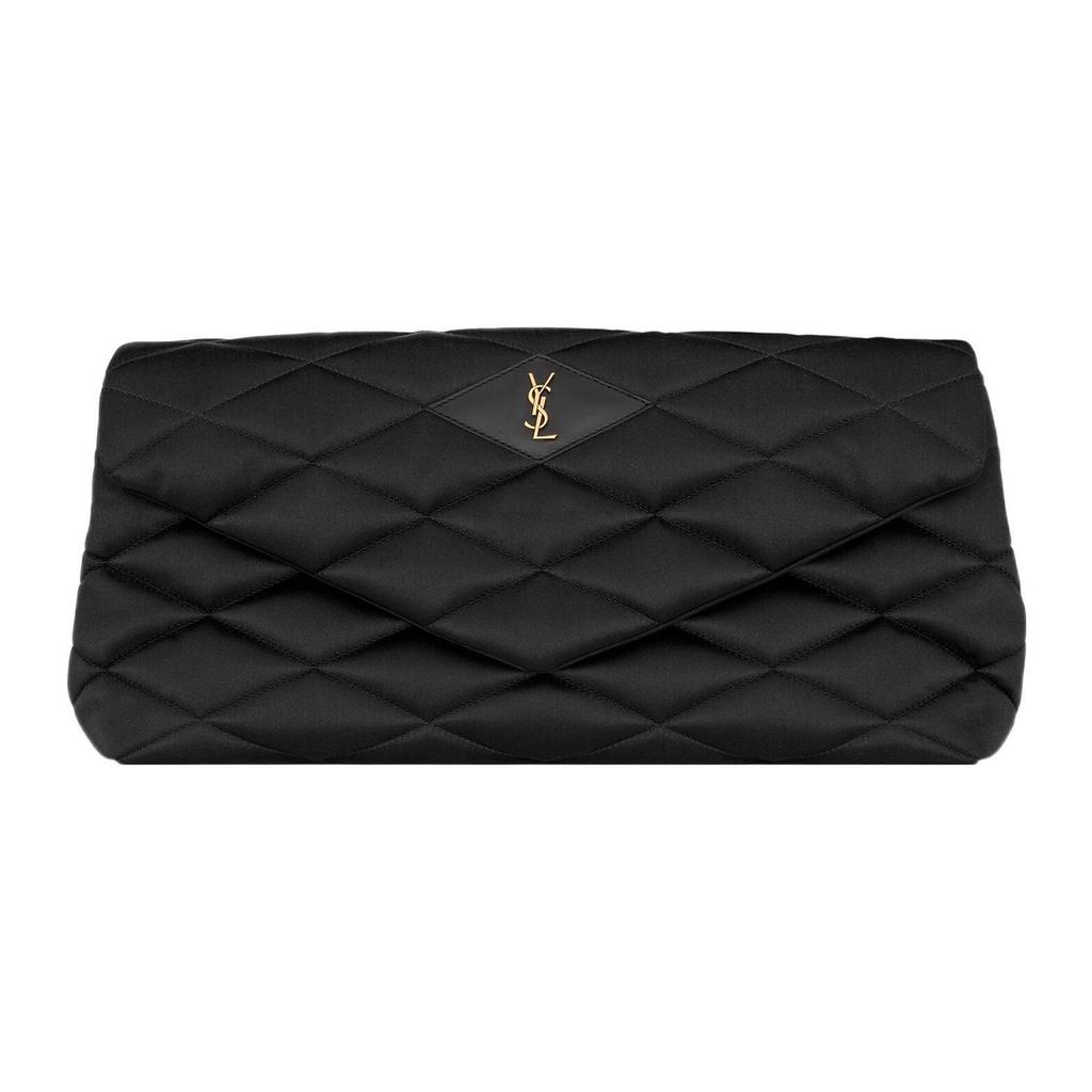 Saint Laurent Ysl Sade Gold Logo Quilted Zip Lambskin Envelope Clutch Large Women clutch Black 655004-FAAC2-1000