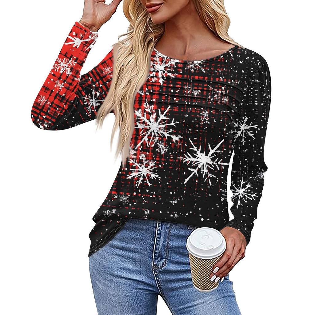 Ladies' Casual Fashion Printed Round Neck Long Pleated T-shirt Top Christmas