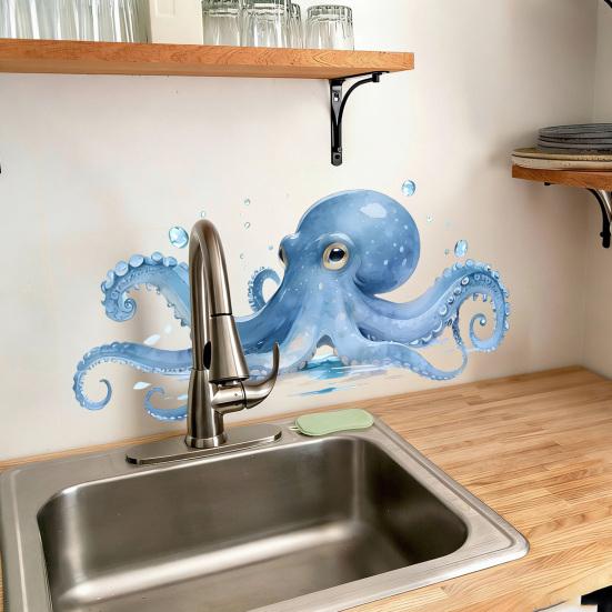 Large Blue Octopus Wall Sticker Ocean Animal Wall Decal Peel And Stick Art Mural for Bathroom Kitchen Living Room Summer Wall