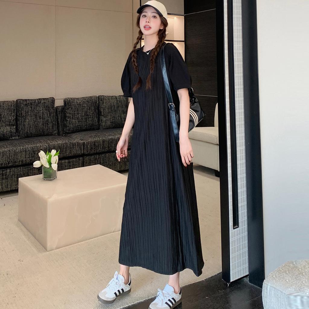 Dimanaf 2025 Summer Plus Size Dress Women Casual Vintage Short Sleeve Pleated Black Long Dress Loose Basic Dress