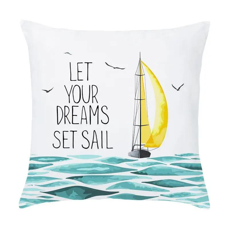 Cartoon Nautical Series Hot Air Balloon Lighthouse Print Pillow Cover Home Room Office Seat Living Room Sofa Cushion Cover