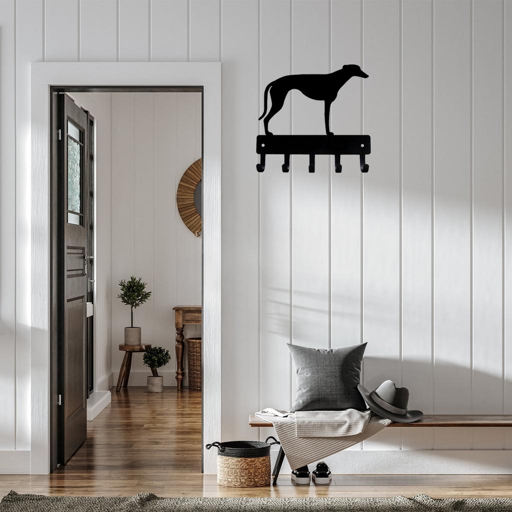 Вешалка для ключей Greyhound и поводка для собак - настенное искусство из металла шириной 9/6 дюймов с настенными крючками Iron Crafts