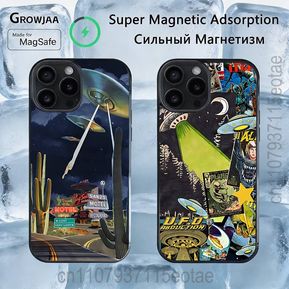 Чехол-Арт с НЛО и Инопланетянином Для iPhone 17,16,15,14,13,12,11,Pro,Max,Plus,Mini,SE4,E Магнитный Magsafe Беспроводная Зарядка